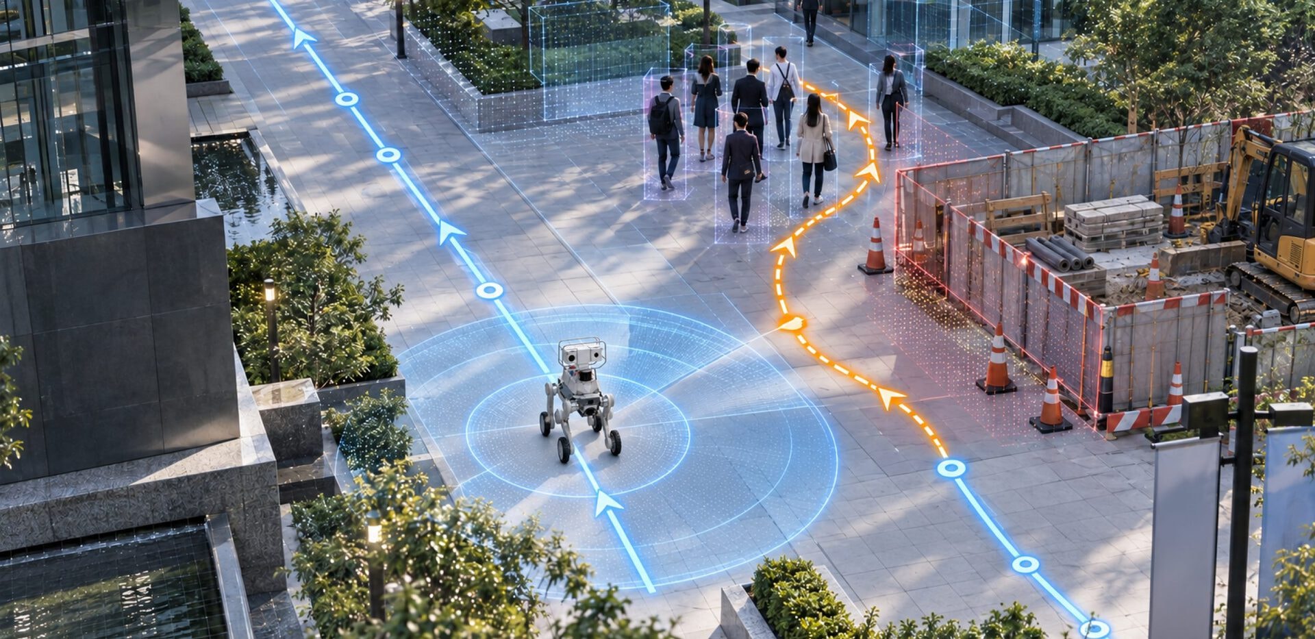 夜间仓库中多台 Aegis Mega 各自沿规划路线自主巡检