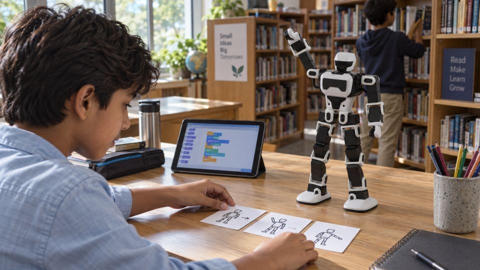 A student programming FF Nova Mini with a tablet in a library