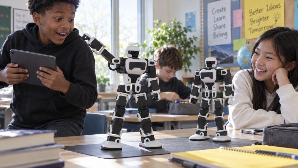 Students interacting with two FF Nova Mini robots in class