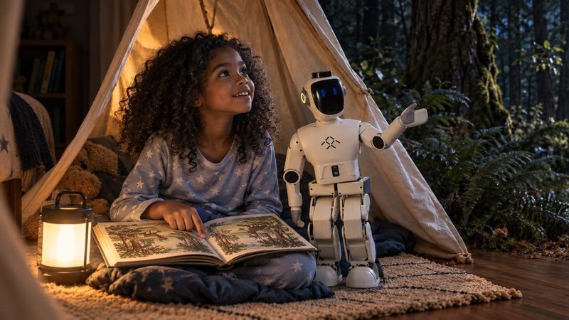 A child reading with FF Nova in a tent