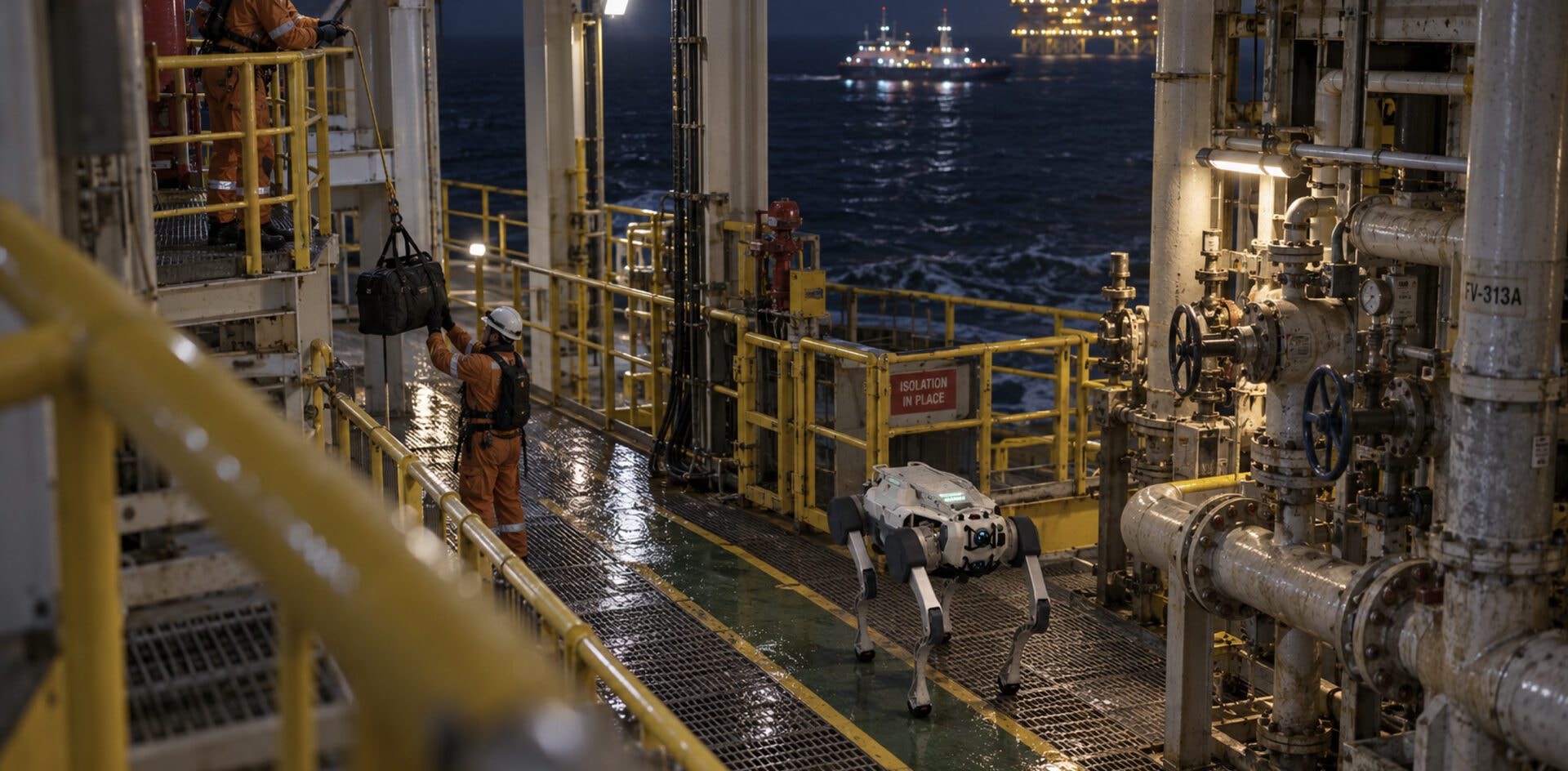 An offshore platform at night, with Aegis Hyper moving autonomously through an unevenly lit equipment area