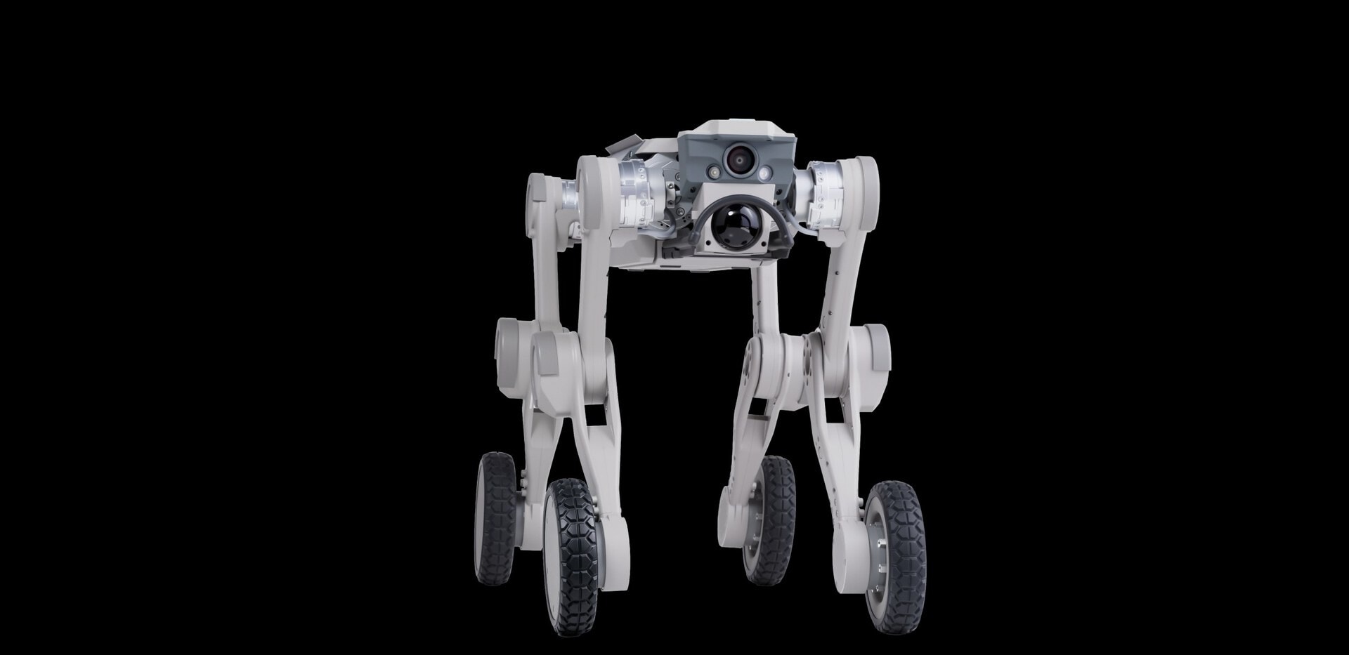 Aegis Mega in a low front stance with all four wheel-legs on the ground