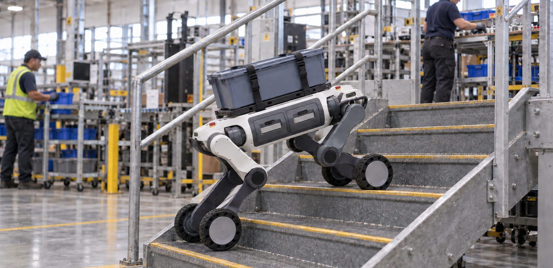 Several Aegis Mega units moving material crates along a factory production aisle